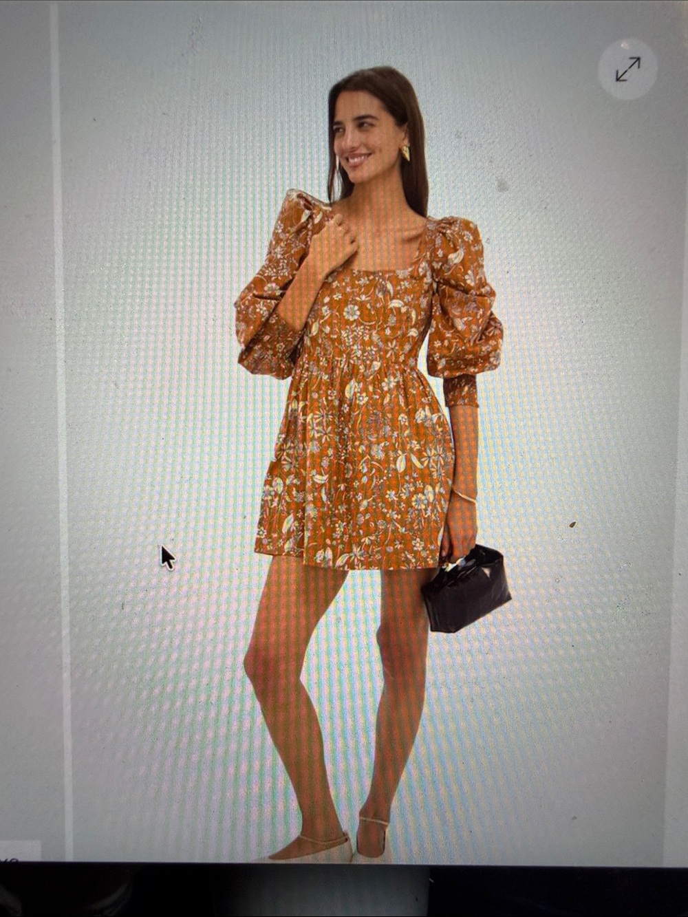 Rust Floral Puff-Sleeve Mini Dress with Square Neck